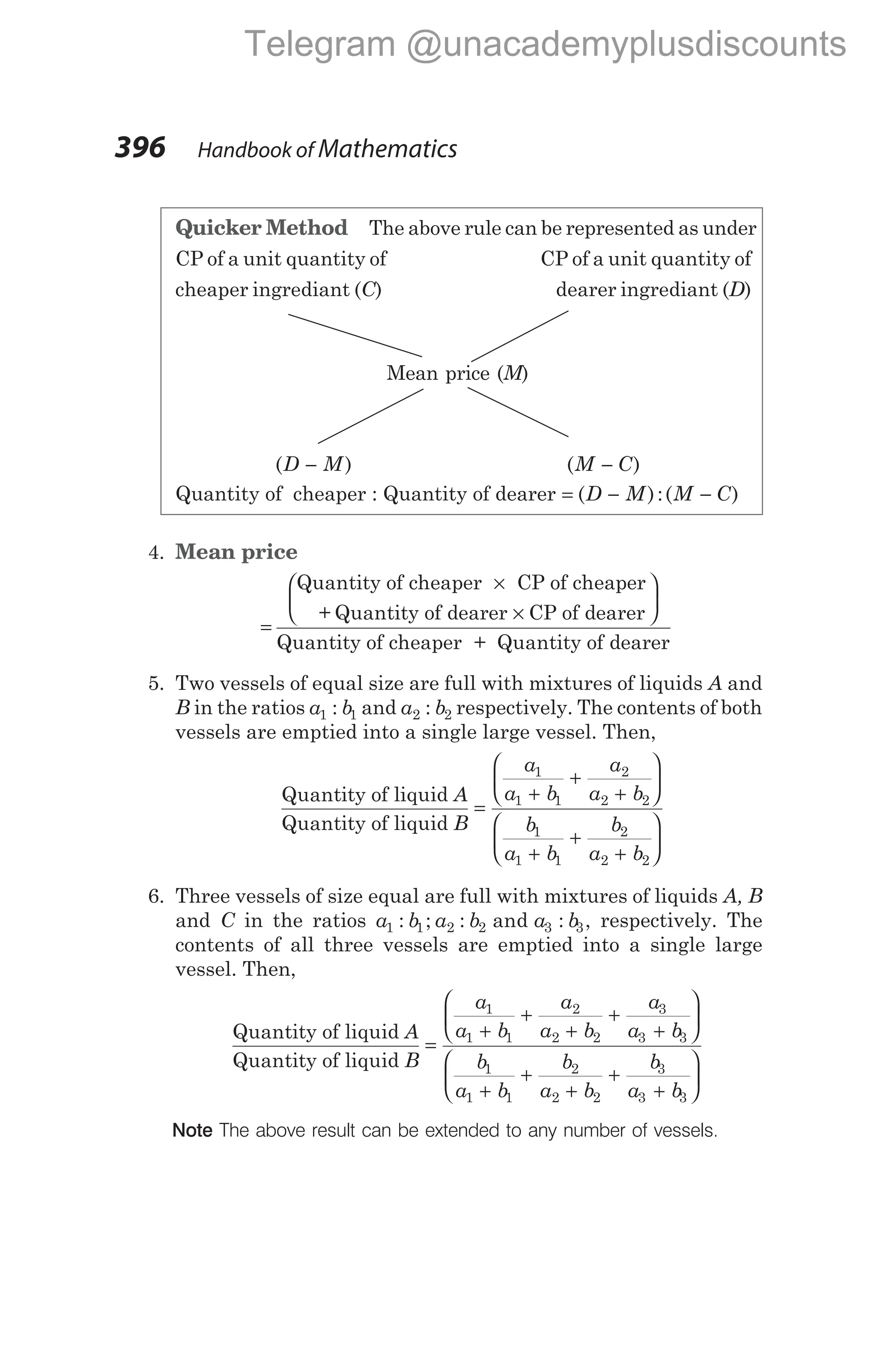 Quicker Method The above rule can be represented as under
CP of a unit quantity of CP of a unit quantity of
cheaper ingrediant (C) dearer ingrediant (D)
Mean price (M)
( )
D M
− ( )
M C
−
Quantity of cheaper : Quantity of dearer = − −
( ):( )
D M M C
4. Mean price
=
×
Quantity of cheaper CP of cheaper
+ Quantity of dearer CP of dearer
Quantity of cheaper + Qu
×






antity of dearer
5. Two vessels of equal size are full with mixtures of liquids A and
B in the ratios a b
1 1
: and a b
2 2
: respectively. The contents of both
vessels are emptied into a single large vessel. Then,
Quantity of liquid
Quantity of liquid
A
B
a
a b
a
=
+
+
1
1 1
2
2 2
1
1 1
2
2 2
a b
b
a b
b
a b
+






+
+
+






6. Three vessels of size equal are full with mixtures of liquids A, B
and C in the ratios a b a b a b
1 1 2 2 3 3
: ; : and : , respectively. The
contents of all three vessels are emptied into a single large
vessel. Then,
Quantity of liquid
Quantity of liquid
A
B
a
a b
a
=
+
+
1
1 1
2
2 2
3
3 3
1
1 1
2
2 2
3
3 3
a b
a
a b
b
a b
b
a b
b
a b
+
+
+






+
+
+
+
+






Note The above result can be extended to any number of vessels.
396 Handbook of Mathematics
Telegram @unacademyplusdiscounts
 