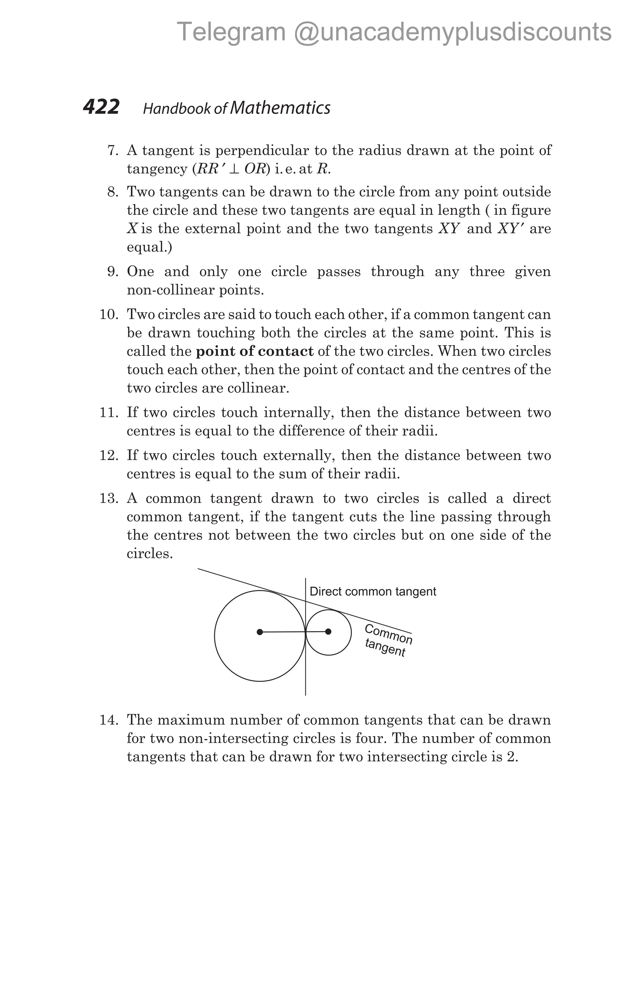 7. A tangent is perpendicular to the radius drawn at the point of
tangency (RR ′ ⊥ OR) i.e. at R.
8. Two tangents can be drawn to the circle from any point outside
the circle and these two tangents are equal in length ( in figure
X is the external point and the two tangents XY and XY ′ are
equal.)
9. One and only one circle passes through any three given
non-collinear points.
10. Two circles are said to touch each other, if a common tangent can
be drawn touching both the circles at the same point. This is
called the point of contact of the two circles. When two circles
touch each other, then the point of contact and the centres of the
two circles are collinear.
11. If two circles touch internally, then the distance between two
centres is equal to the difference of their radii.
12. If two circles touch externally, then the distance between two
centres is equal to the sum of their radii.
13. A common tangent drawn to two circles is called a direct
common tangent, if the tangent cuts the line passing through
the centres not between the two circles but on one side of the
circles.
14. The maximum number of common tangents that can be drawn
for two non-intersecting circles is four. The number of common
tangents that can be drawn for two intersecting circle is 2.
422 Handbook of Mathematics
Common
tangent
Direct common tangent
Telegram @unacademyplusdiscounts
 