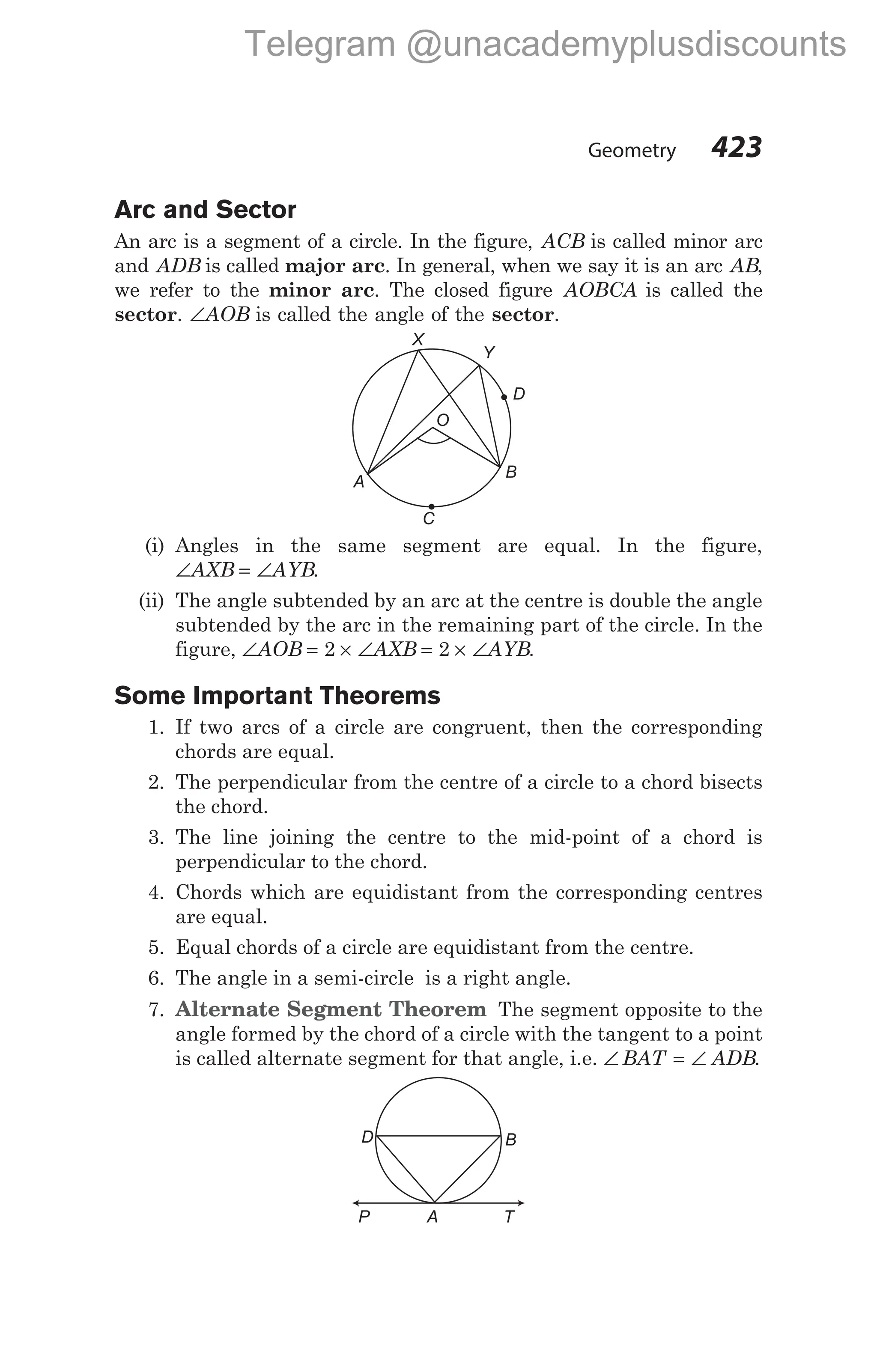 Arc and Sector
An arc is a segment of a circle. In the figure, ACB is called minor arc
and ADB is called major arc. In general, when we say it is an arc AB,
we refer to the minor arc. The closed figure AOBCA is called the
sector. ∠AOB is called the angle of the sector.
(i) Angles in the same segment are equal. In the figure,
∠ = ∠
AXB AYB.
(ii) The angle subtended by an arc at the centre is double the angle
subtended by the arc in the remaining part of the circle. In the
figure, ∠ = × ∠ = × ∠
AOB AXB AYB
2 2 .
Some Important Theorems
1. If two arcs of a circle are congruent, then the corresponding
chords are equal.
2. The perpendicular from the centre of a circle to a chord bisects
the chord.
3. The line joining the centre to the mid-point of a chord is
perpendicular to the chord.
4. Chords which are equidistant from the corresponding centres
are equal.
5. Equal chords of a circle are equidistant from the centre.
6. The angle in a semi-circle is a right angle.
7. Alternate Segment Theorem The segment opposite to the
angle formed by the chord of a circle with the tangent to a point
is called alternate segment for that angle, i.e. ∠ = ∠
BAT ADB.
Geometry 423
D
B
C
A
X
Y
O
D B
A
P T
Telegram @unacademyplusdiscounts
 