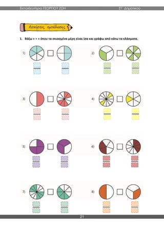 Εκπαιδευτήρια ΓΕΩΡΓΙΟΥ ΖΩΗ ΣΤ΄ Δημοτικού
21
1. Βάζω « = » όπου τα σκιασμένα μέρη είναι ίσα και γράφω από κάτω τα κλάσματα.
 