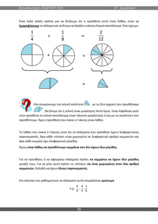 Εκπαιδευτήρια ΓΕΩΡΓΙΟΥ ΖΩΗ ΣΤ΄ Δημοτικού
35
Ένας πολύ απλός τρόπος για να δείξουμε ότι η πρόσθεση αυτή είναι λάθος, είναι να
ζωγραφίσουμε τα κλάσμα και να δούμε αν βγάζουν κάποιο λογικό αποτέλεσμα. Έτσι έχουμε:
1
4
+
1
8
=
2
12
Εάν συγκρίνουμε την τελική ποσότητα με τις δύο αρχικές που προσθέσαμε
, θα δούμε ότι η τελική είναι μικρότερη! Αυτό όμως είναι παράλογο γιατί
στην πρόσθεση το τελικό αποτέλεσμα είναι πάντοτε μεγαλύτερο ή ίσο με τις ποσότητες που
προσθέτουμε. Άρα η πρόσθεση που έκανε ο Γιάννης είναι λάθος.
Το λάθος που έκανε ο Γιάννης είναι ότι τα κλάσματα που πρόσθεσε έχουν διαφορετικούς
παρονομαστές. Άρα κάθε «πίτσα» είναι χωρισμένη σε διαφορετικό αριθμό κομματιών και
άρα κάθε κομμάτι έχει διαφορετικό μέγεθος.
Όμως είναι λάθος να προσθέτουμε κομμάτια που δεν έχουν ίδιο μέγεθος.
Για να προσθέσω ή να αφαιρέσω κλάσματα πρέπει τα κομμάτια να έχουν ίδιο μέγεθος
μεταξύ τους. Για να γίνει αυτό πρέπει οι «πίτσες» να είναι χωρισμένες στον ίδιο αριθμό
κομματιών, δηλαδή να έχουν ίδιους παρονομαστές.
Στη γλώσσα των μαθηματικών τα κλάσματα αυτά ονομάζονται ομώνυμα.
π.χ.
4
6
,
4
6
,
1
6
 