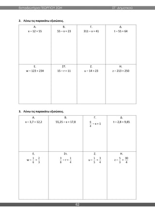 Εκπαιδευτήρια ΓΕΩΡΓΙΟΥ ΖΩΗ ΣΤ΄ Δημοτικού
62
2. Λύνω τις παρακάτω εξισώσεις.
Α.
x – 12 = 55
Β.
55 – x = 23
Γ.
311 – x = 41
Δ.
t – 55 = 64
Ε.
w – 123 = 234
ΣΤ.
15 – r = 11
Ζ.
u – 14 = 23
Η.
z – 213 = 250
3. Λύνω τις παρακάτω εξισώσεις.
Α.
x – 3,7 = 12,2
Β.
55,25 – x = 17,8
Γ.
6
4
– x = 1
Δ.
t – 2,8 = 9,85
Ε.
w –
1
6
=
2
3
Στ.
3
8
– r =
1
4
Ζ.
u –
1
5
=
3
4
Η.
z –
5
3
=
30
4
 