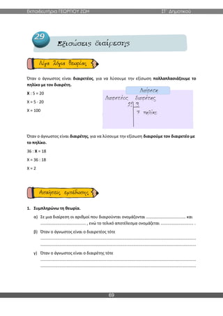 Εκπαιδευτήρια ΓΕΩΡΓΙΟΥ ΖΩΗ ΣΤ΄ Δημοτικού
69
Όταν ο άγνωστος είναι διαιρετέος, για να λύσουμε την εξίσωση πολλαπλασιάζουμε το
πηλίκο με τον διαιρέτη.
X : 5 = 20
X = 5 ∙ 20
X = 100
Όταν ο άγνωστος είναι διαιρέτης, για να λύσουμε την εξίσωση διαιρούμε τον διαιρετέο με
το πηλίκο.
36 : Χ = 18
X = 36 : 18
X = 2
1. Συμπληρώνω τη θεωρία.
α) Σε μια διαίρεση οι αριθμοί που διαιρούνται ονομάζονται ................................... και
........................................ , ενώ το τελικό αποτέλεσμα ονομάζεται ............................. .
β) Όταν ο άγνωστος είναι ο διαιρετέος τότε
.........................................................................................................................................
.........................................................................................................................................
γ) Όταν ο άγνωστος είναι ο διαιρέτης τότε
.........................................................................................................................................
.........................................................................................................................................
 