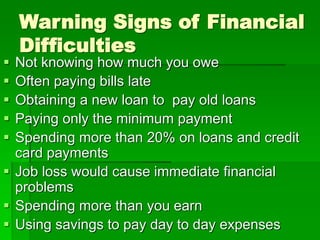 Warning Signs of Financial
Difficulties
 Not knowing how much you owe
 Often paying bills late
 Obtaining a new loan to pay old loans
 Paying only the minimum payment
 Spending more than 20% on loans and credit
card payments
 Job loss would cause immediate financial
problems
 Spending more than you earn
 Using savings to pay day to day expenses
 