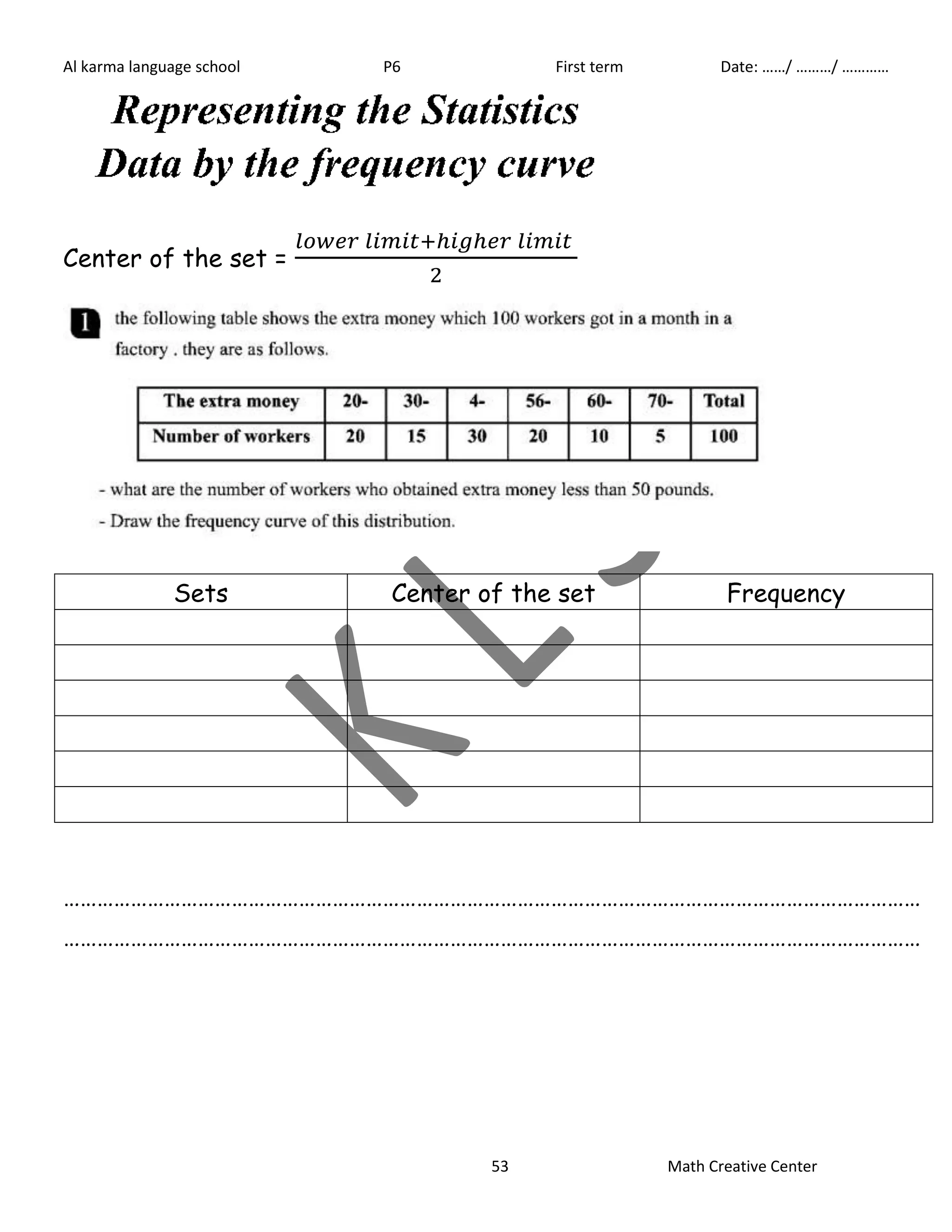 Al karma language school P6 First term Date: ……/ ………/ ………… 
53 Math Creative Center 
Center of the set = 
Sets Center of the set Frequency 
……………………………………………………………………………………………………………………………………… 
……………………………………………………………………………………………………………………………………… 
 