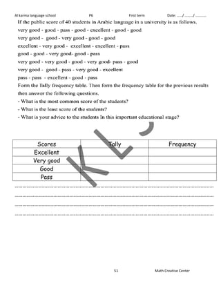 Al karma language school P6 First term Date: ……/ ………/ ………… 
Scores Tally Frequency 
Excellent 
Very good 
51 Math Creative Center 
Good 
Pass 
……………………………………………………………………………………………………………………………………… 
……………………………………………………………………………………………………………………………………… 
……………………………………………………………………………………………………………………………………… 
……………………………………………………………………………………………………………………………………… 
 