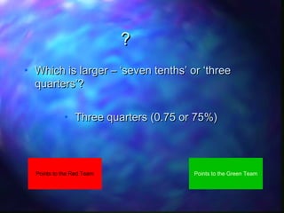 ?
• Which is larger – ‘seven tenths’ or ‘three
quarters’?
• Three quarters (0.75 or 75%)

Points to the Red Team

Points to the Green Team

 