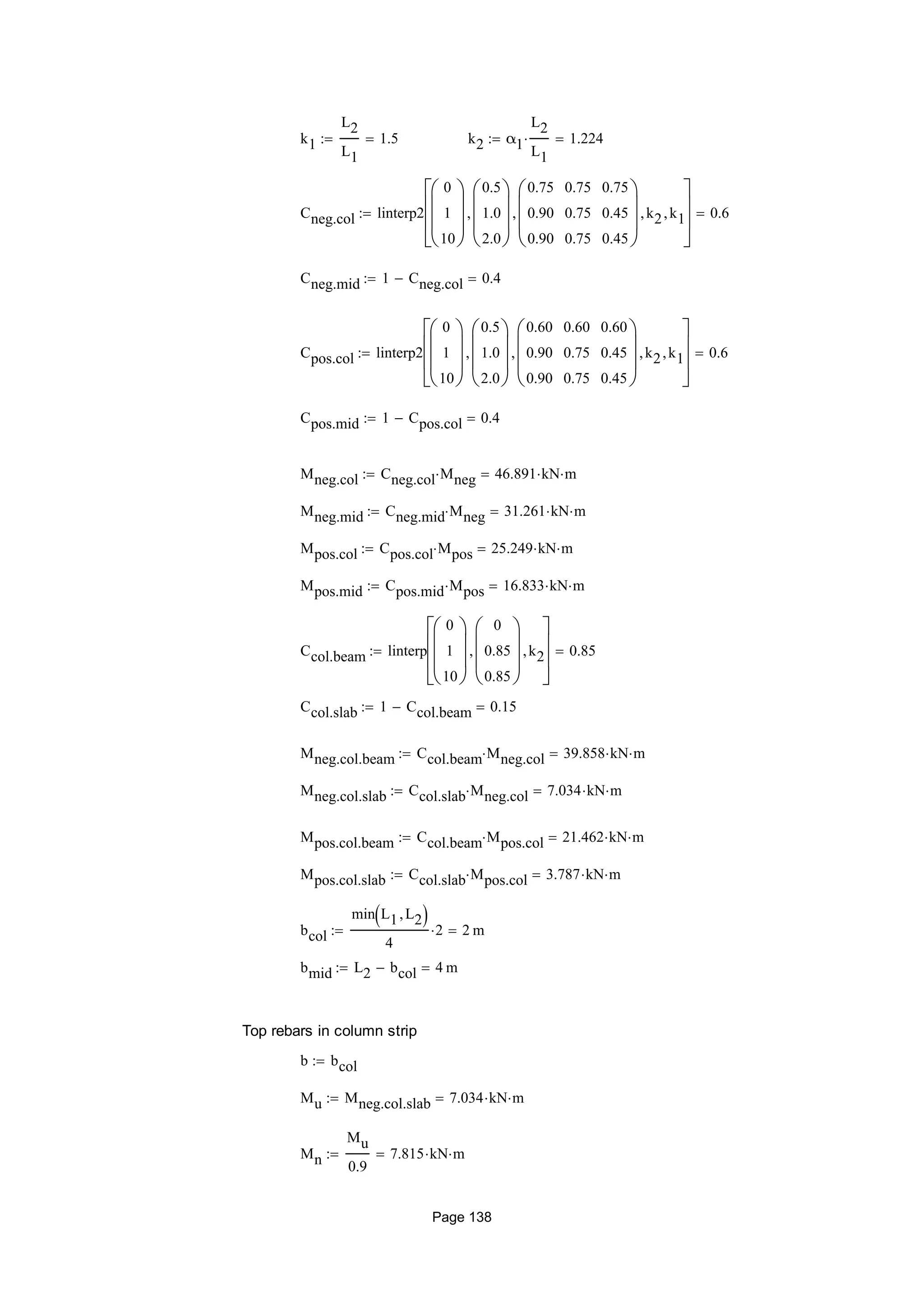 k1
L2
L1
1.5 k2 α1
L2
L1
 1.224
Cneg.col linterp2
0
1
10








0.5
1.0
2.0









0.75
0.90
0.90
0.75
0.75
0.75
0.75
0.45
0.45








 k2 k1








0.6
Cneg.mid 1 Cneg.col 0.4
Cpos.col linterp2
0
1
10








0.5
1.0
2.0









0.60
0.90
0.90
0.60
0.75
0.75
0.60
0.45
0.45








 k2 k1








0.6
Cpos.mid 1 Cpos.col 0.4
Mneg.col Cneg.col Mneg 46.891 kN m
Mneg.mid Cneg.mid Mneg 31.261 kN m
Mpos.col Cpos.col Mpos 25.249 kN m
Mpos.mid Cpos.mid Mpos 16.833 kN m
Ccol.beam linterp
0
1
10








0
0.85
0.85








 k2








0.85
Ccol.slab 1 Ccol.beam 0.15
Mneg.col.beam Ccol.beam Mneg.col 39.858 kN m
Mneg.col.slab Ccol.slab Mneg.col 7.034 kN m
Mpos.col.beam Ccol.beam Mpos.col 21.462 kN m
Mpos.col.slab Ccol.slab Mpos.col 3.787 kN m
bcol
min L1 L2 
4
2 2 m
bmid L2 bcol 4 m
Top rebars in column strip
b bcol
Mu Mneg.col.slab 7.034 kN m
Mn
Mu
0.9
7.815 kN m
Page 138
 