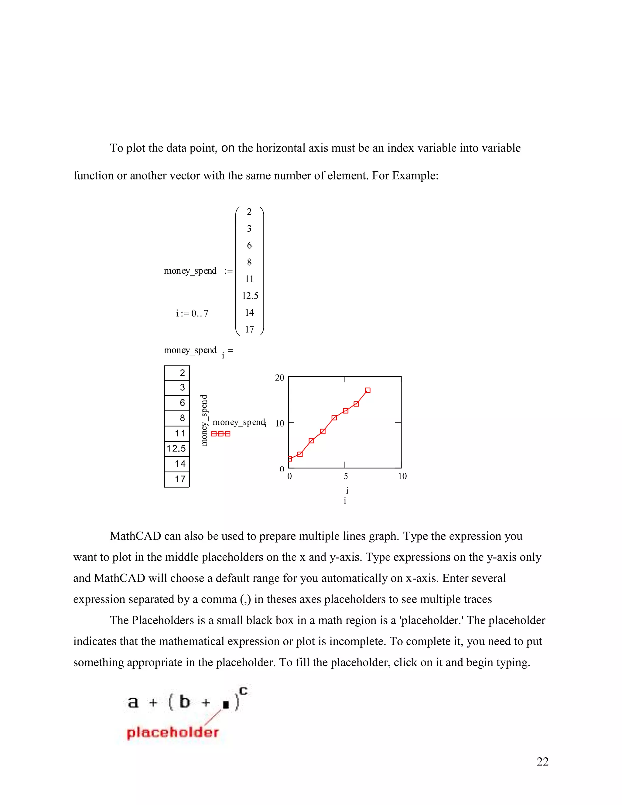 22
To plot the data point, on the horizontal axis must be an index variable into variable
function or another vector with the same number of element. For Example:
MathCAD can also be used to prepare multiple lines graph. Type the expression you
want to plot in the middle placeholders on the x and y-axis. Type expressions on the y-axis only
and MathCAD will choose a default range for you automatically on x-axis. Enter several
expression separated by a comma (,) in theses axes placeholders to see multiple traces
The Placeholders is a small black box in a math region is a 'placeholder.' The placeholder
indicates that the mathematical expression or plot is incomplete. To complete it, you need to put
something appropriate in the placeholder. To fill the placeholder, click on it and begin typing.
money_spend
2
3
6
8
11
12.5
14
17
i 0 7
money_spend
i
2
3
6
8
11
12.5
14
17 0 5 10
0
10
20
i
money_spend
money_spendi
i
 
