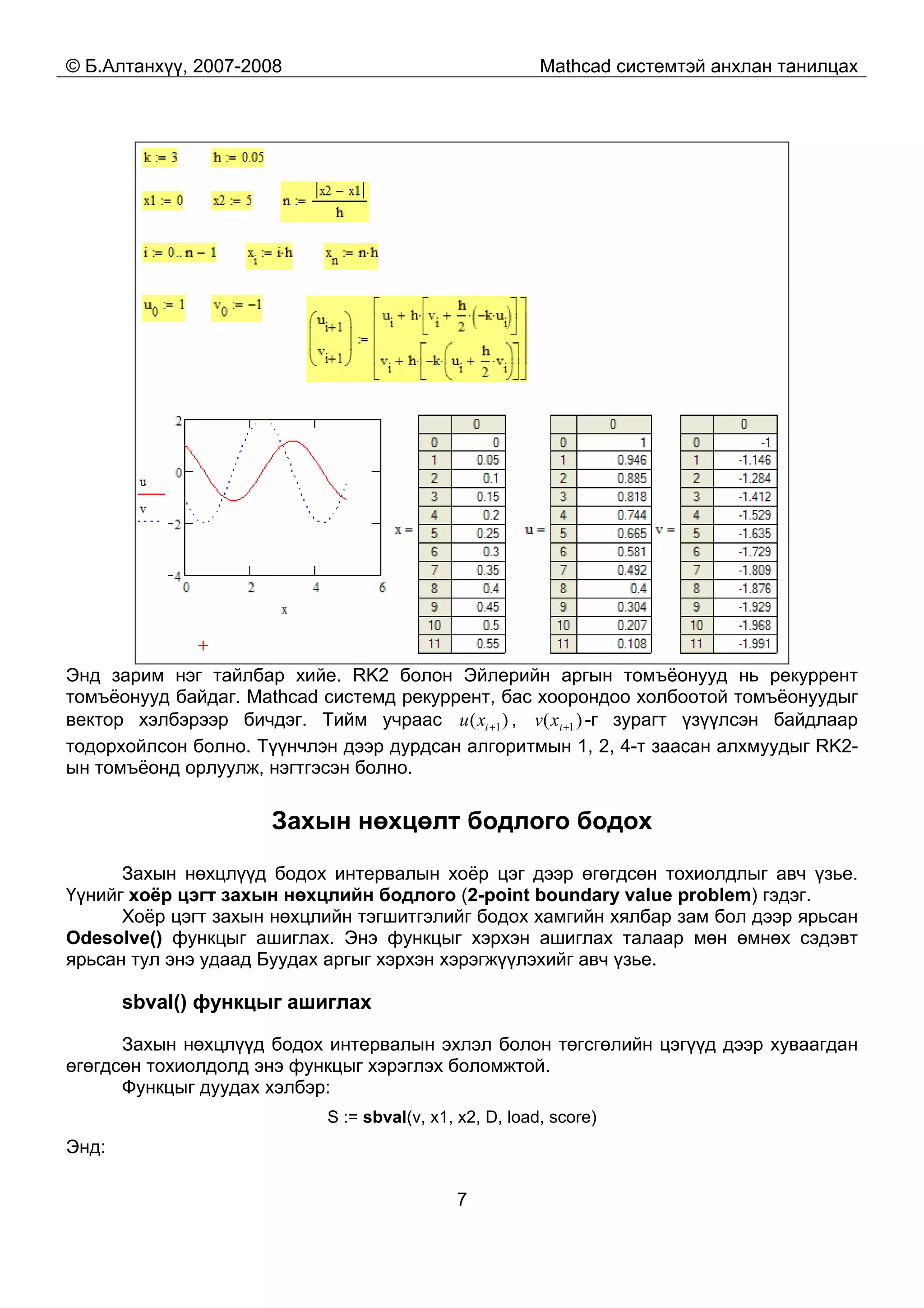 © Б.Алтанхүү, 2007-2008 Mathcad системтэй анхлан танилцах
7
Энд зарим нэг тайлбар хийе. RK2 болон Эйлерийн аргын томъёонууд нь рекуррент
томъёонууд байдаг. Mathcad системд рекуррент, бас хоорондоо холбоотой томъёонуудыг
вектор хэлбэрээр бичдэг. Тийм учраас )( 1+ixu , )( 1+ixv -г зурагт үзүүлсэн байдлаар
тодорхойлсон болно. Түүнчлэн дээр дурдсан алгоритмын 1, 2, 4-т заасан алхмуудыг RK2-
ын томъёонд орлуулж, нэгтгэсэн болно.
Захын нөхцөлт бодлого бодох
Захын нөхцлүүд бодох интервалын хоёр цэг дээр өгөгдсөн тохиолдлыг авч үзье.
Үүнийг хоёр цэгт захын нөхцлийн бодлого (2-point boundary value problem) гэдэг.
Хоёр цэгт захын нөхцлийн тэгшитгэлийг бодох хамгийн хялбар зам бол дээр ярьсан
Odesolve() функцыг ашиглах. Энэ функцыг хэрхэн ашиглах талаар мөн өмнөх сэдэвт
ярьсан тул энэ удаад Буудах аргыг хэрхэн хэрэгжүүлэхийг авч үзье.
sbval() функцыг ашиглах
Захын нөхцлүүд бодох интервалын эхлэл болон төгсгөлийн цэгүүд дээр хуваагдан
өгөгдсөн тохиолдолд энэ функцыг хэрэглэх боломжтой.
Функцыг дуудах хэлбэр:
S := sbval(v, x1, x2, D, load, score)
Энд:
 