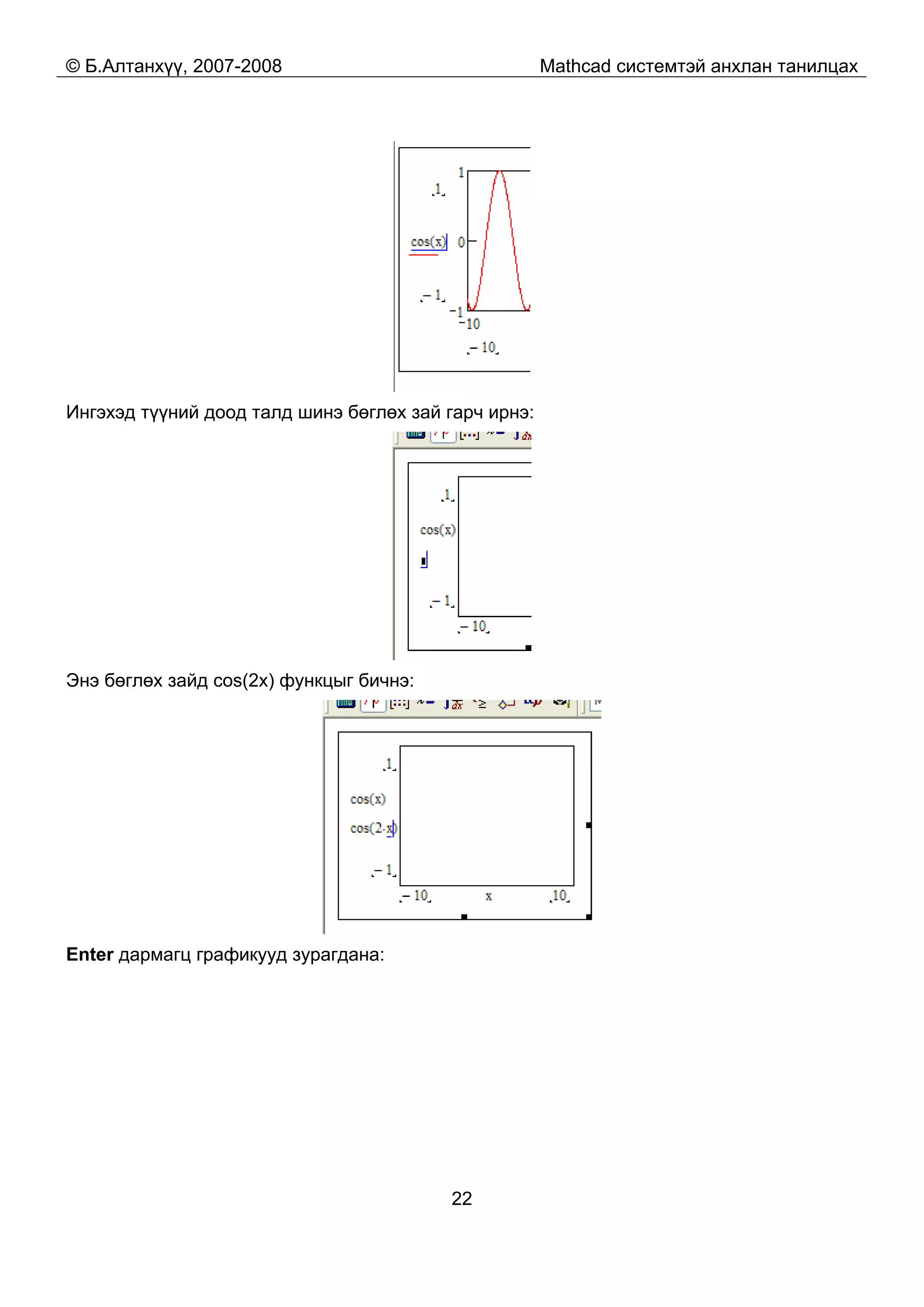 © Б.Алтанхүү, 2007-2008 Mathcad системтэй анхлан танилцах
22
Ингэхэд түүний доод талд шинэ бөглөх зай гарч ирнэ:
Энэ бөглөх зайд cos(2x) функцыг бичнэ:
Enter дармагц графикууд зурагдана:
 