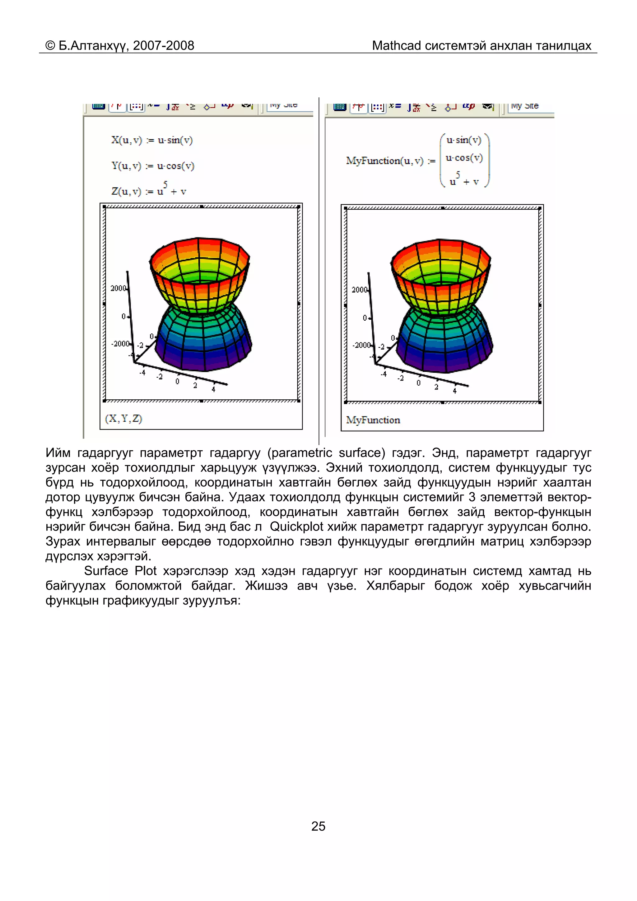 © Б.Алтанхүү, 2007-2008 Mathcad системтэй анхлан танилцах
25
Ийм гадаргууг параметрт гадаргуу (parametric surface) гэдэг. Энд, параметрт гадаргууг
зурсан хоёр тохиолдлыг харьцууж үзүүлжээ. Эхний тохиолдолд, систем функцуудыг тус
бүрд нь тодорхойлоод, координатын хавтгайн бөглөх зайд функцуудын нэрийг хаалтан
дотор цувуулж бичсэн байна. Удаах тохиолдолд функцын системийг 3 элеметтэй вектор-
функц хэлбэрээр тодорхойлоод, координатын хавтгайн бөглөх зайд вектор-функцын
нэрийг бичсэн байна. Бид энд бас л Quickplot хийж параметрт гадаргууг зуруулсан болно.
Зурах интервалыг өөрсдөө тодорхойлно гэвэл функцуудыг өгөгдлийн матриц хэлбэрээр
дүрслэх хэрэгтэй.
Surface Plot хэрэгслээр хэд хэдэн гадаргууг нэг координатын системд хамтад нь
байгуулах боломжтой байдаг. Жишээ авч үзье. Хялбарыг бодож хоёр хувьсагчийн
функцын графикуудыг зуруулъя:
 