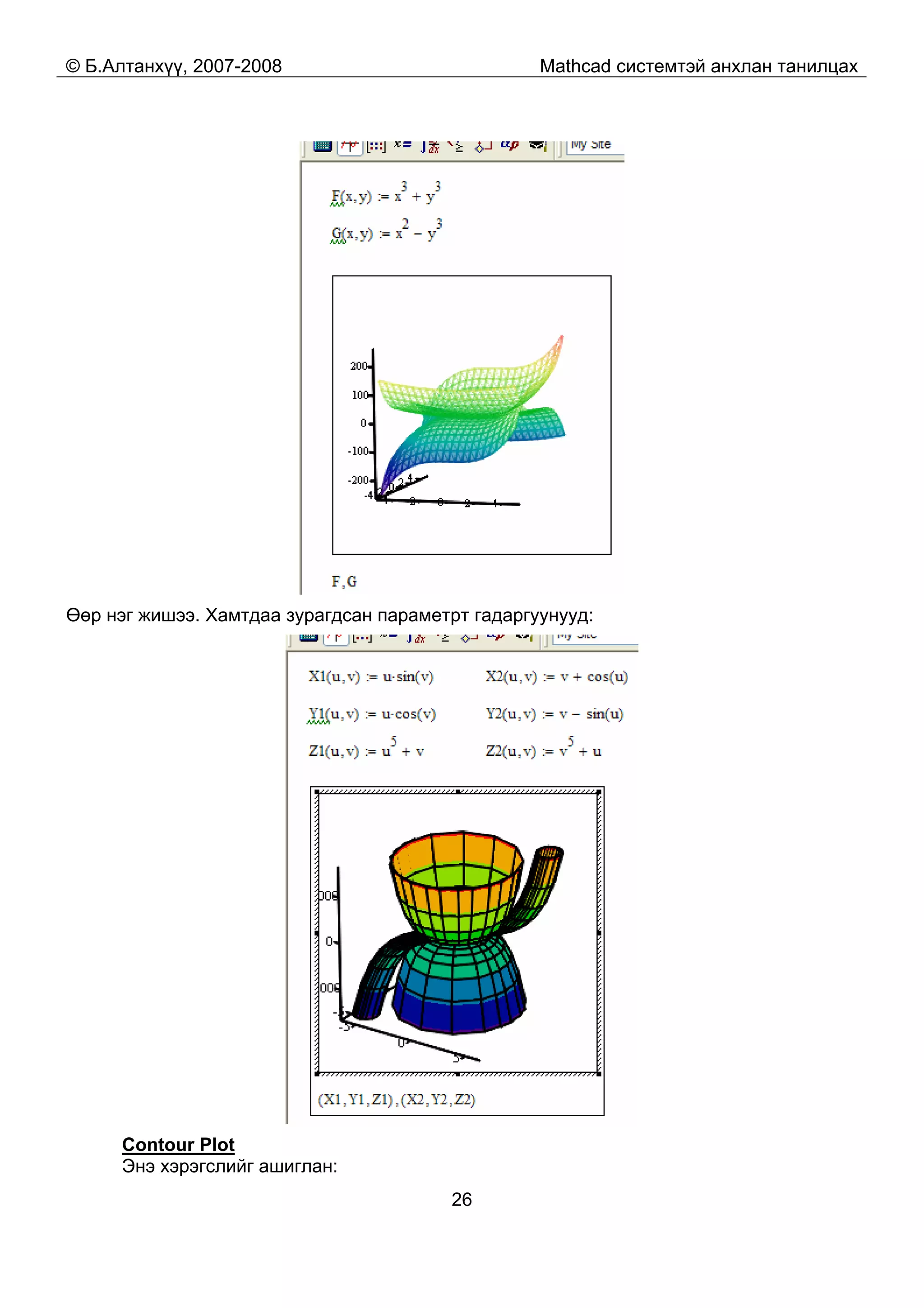© Б.Алтанхүү, 2007-2008 Mathcad системтэй анхлан танилцах
26
Өөр нэг жишээ. Хамтдаа зурагдсан параметрт гадаргуунууд:
Contour Plot
Энэ хэрэгслийг ашиглан:
 