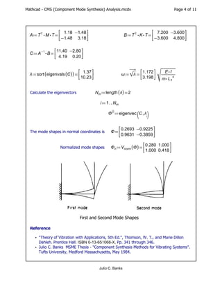 Mathcad - CMS (Component Mode Synthesis) Analysis.mcdx Page 4 of 11
≔
A =
⋅
⋅
T
T M T
1.18 -1.48
-1.48 3.18
⎡
⎢
⎣
⎤
⎥
⎦
≔
...