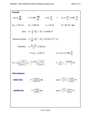 Mathcad - CMS (Component Mode Synthesis) Analysis.mcdx Page 7 of 11
Example
≡
gc ⋅
g ――
lb
lbf
≔
γ ⋅
0.280 ――
lbf
in
3
＝
γ...