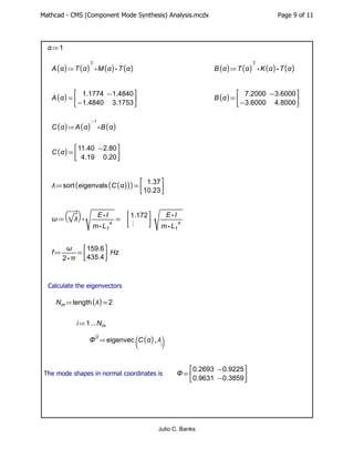 Mathcad - CMS (Component Mode Synthesis) Analysis.mcdx Page 9 of 11
≔
α 1
≔
A(
(α)
) ⋅
⋅
T
T(
(α)
) M(
(α)
) T(
(α)
) ≔
B(...