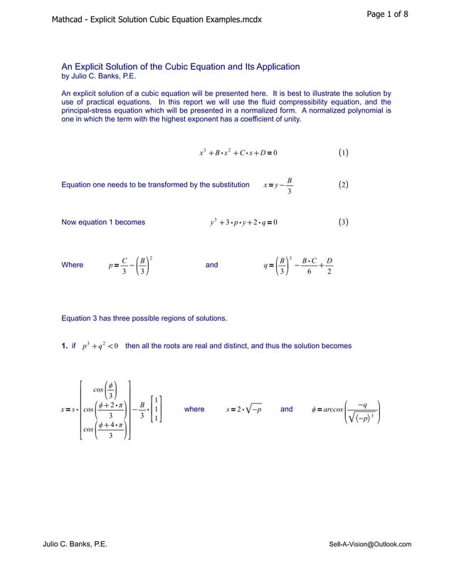 Mathcad explicit solution cubic equation examples | PDF