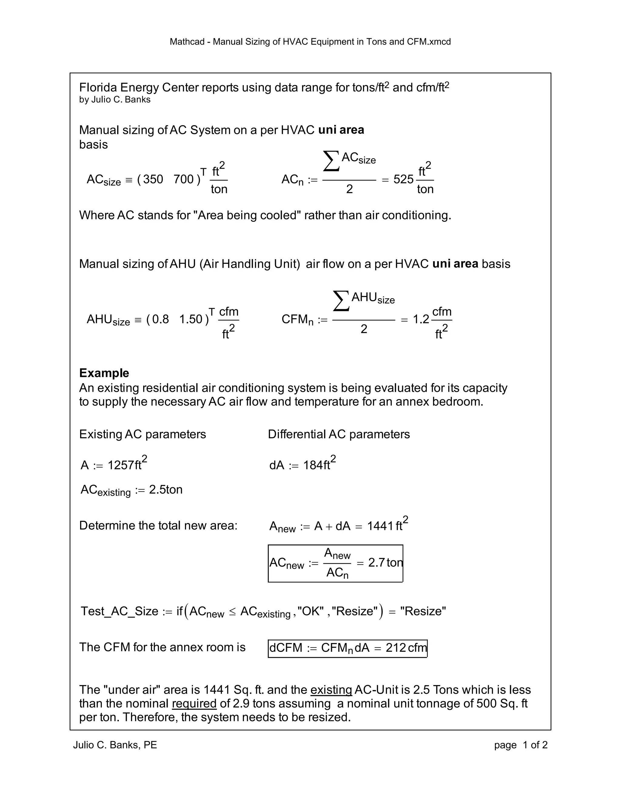 Mathcad manual sizing of hvac equipment in tons and cfm | PDF