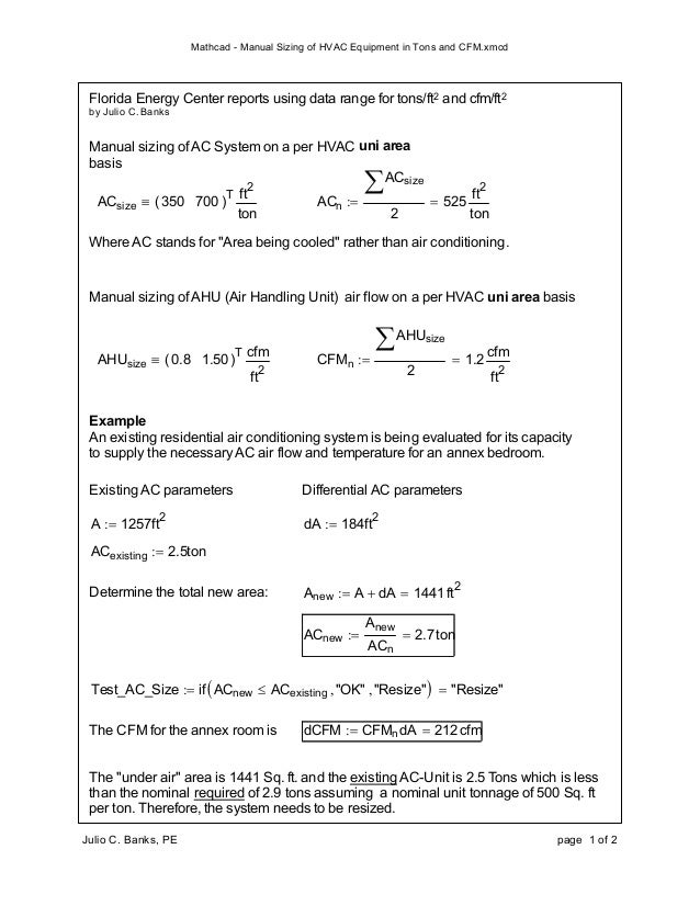 Mathcad manual sizing of hvac equipment in tons and cfm