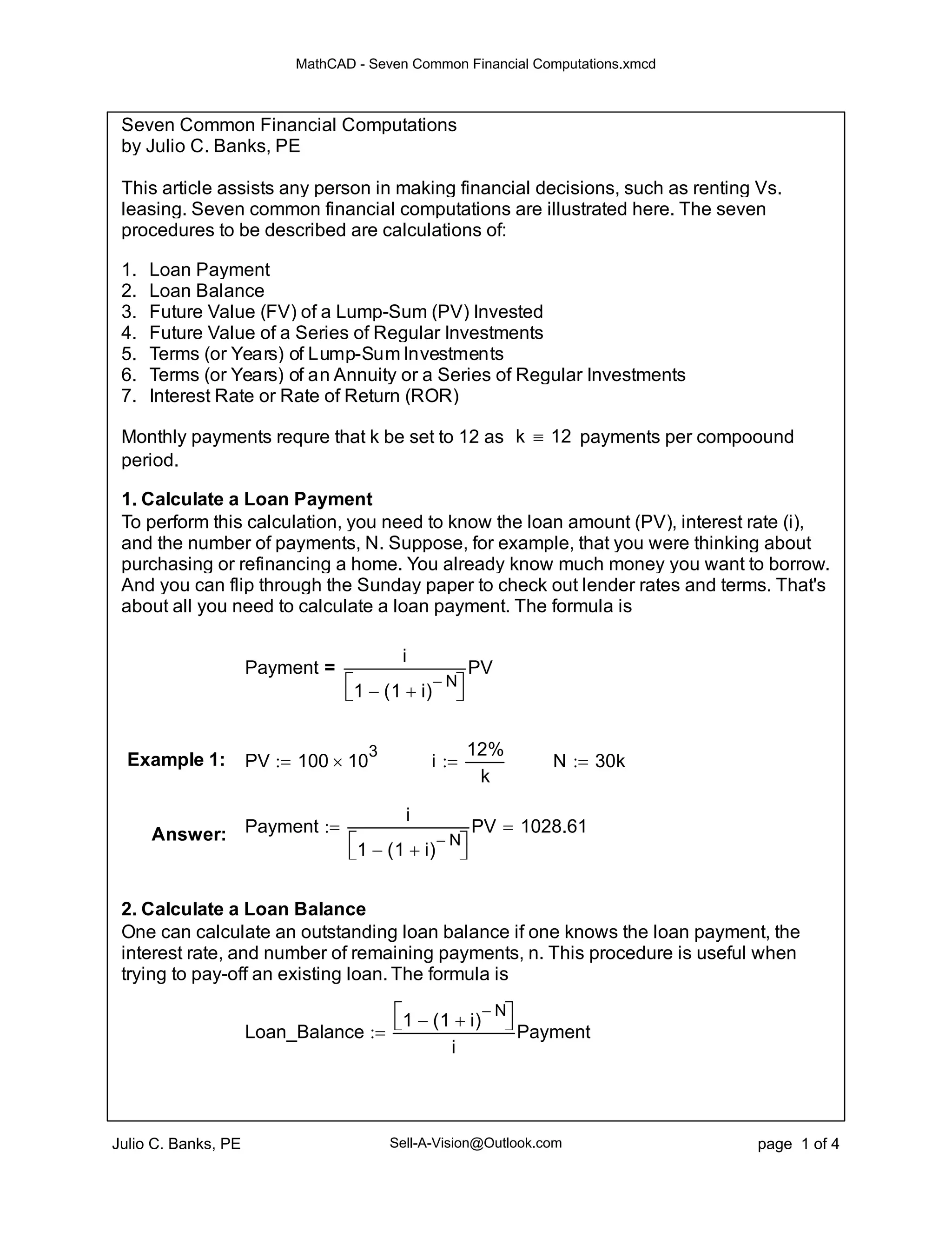 Mathcad seven common financial computations | PDF