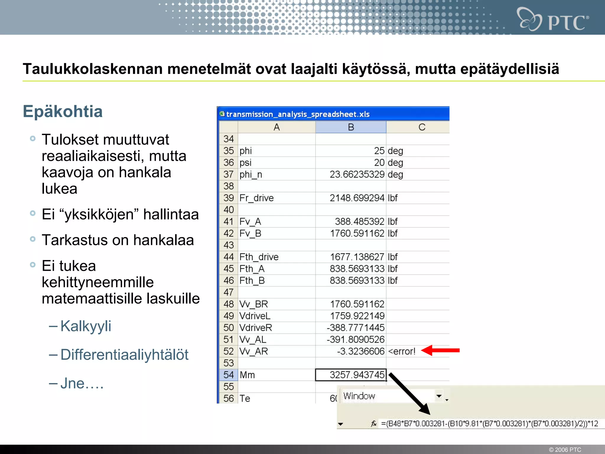 Taulukkolaskennan menetelmät ovat laajalti käytössä, mutta epätäydellisiä

Epäkohtia
    Tulokset muuttuvat
    reaaliaikaisesti, mutta
    kaavoja on hankala
    lukea
    Ei “yksikköjen” hallintaa
    Tarkastus on hankalaa
    Ei tukea
    kehittyneemmille
    matemaattisille laskuille
     – Kalkyyli
     – Differentiaaliyhtälöt
     – Jne….



5                                                                      © 2006 PTC
 