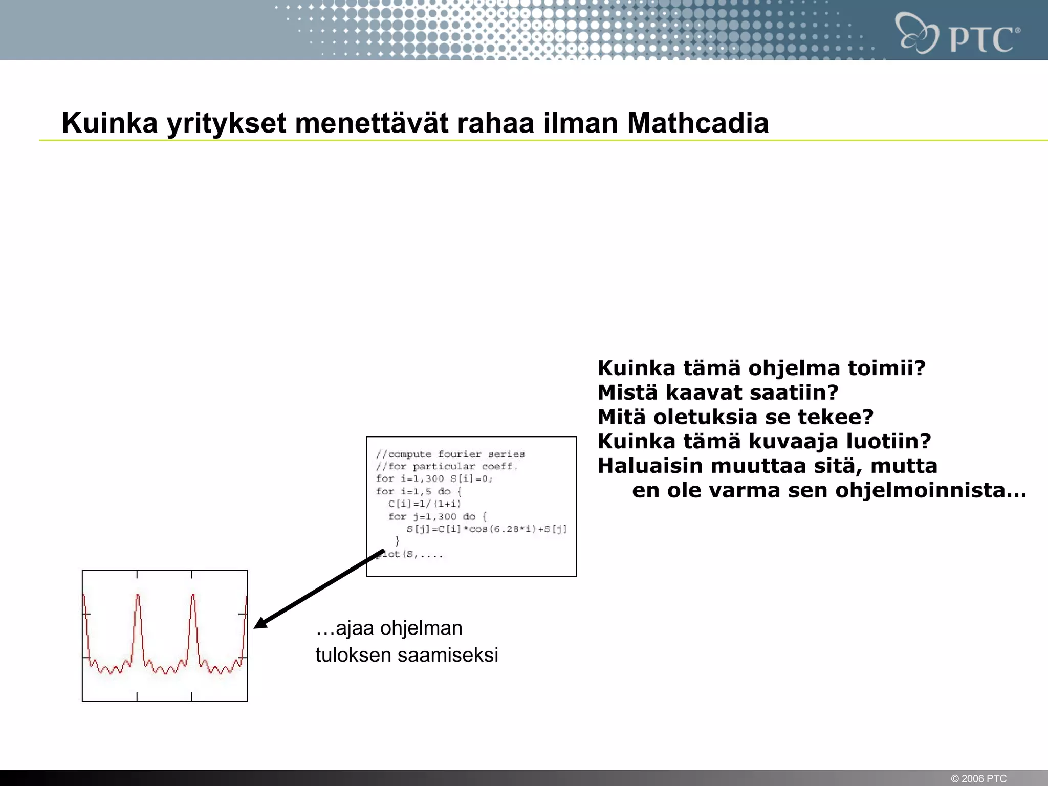 Kuinka yritykset menettävät rahaa ilman Mathcadia




                                          Luonnostelee
                                          suunnitelman
                                          laskelmasta…
                        Simo Suunnittelija
                                                     Kuinka tämä ohjelma toimii?
                                                     Mistä kaavat saatiin?
                 …ja kirjoittaa ohjelman             Mitä oletuksia se tekee?
                                                     Kuinka tämä kuvaaja luotiin?
                                                     Haluaisin muuttaa sitä, mutta
                                                        en ole varma sen ohjelmoinnista…
                                                             Tiedot,
                                                             menetelmät ja
                                                             riippuvuudet
                                                             hylätään!
                      …ajaa ohjelman
                      tuloksen saamiseksi




6                                                                                © 2006 PTC
 
