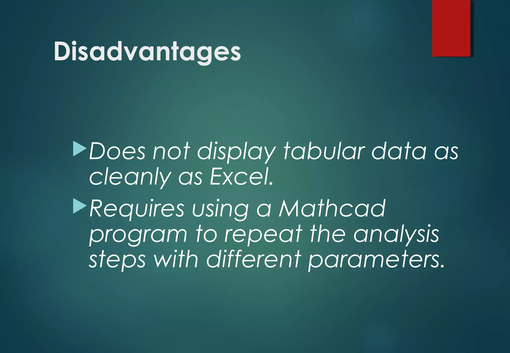 Disadvantages
Does not display tabular data as
cleanly as Excel.
Requires using a Mathcad
program to repeat the analysis
steps with different parameters.
 