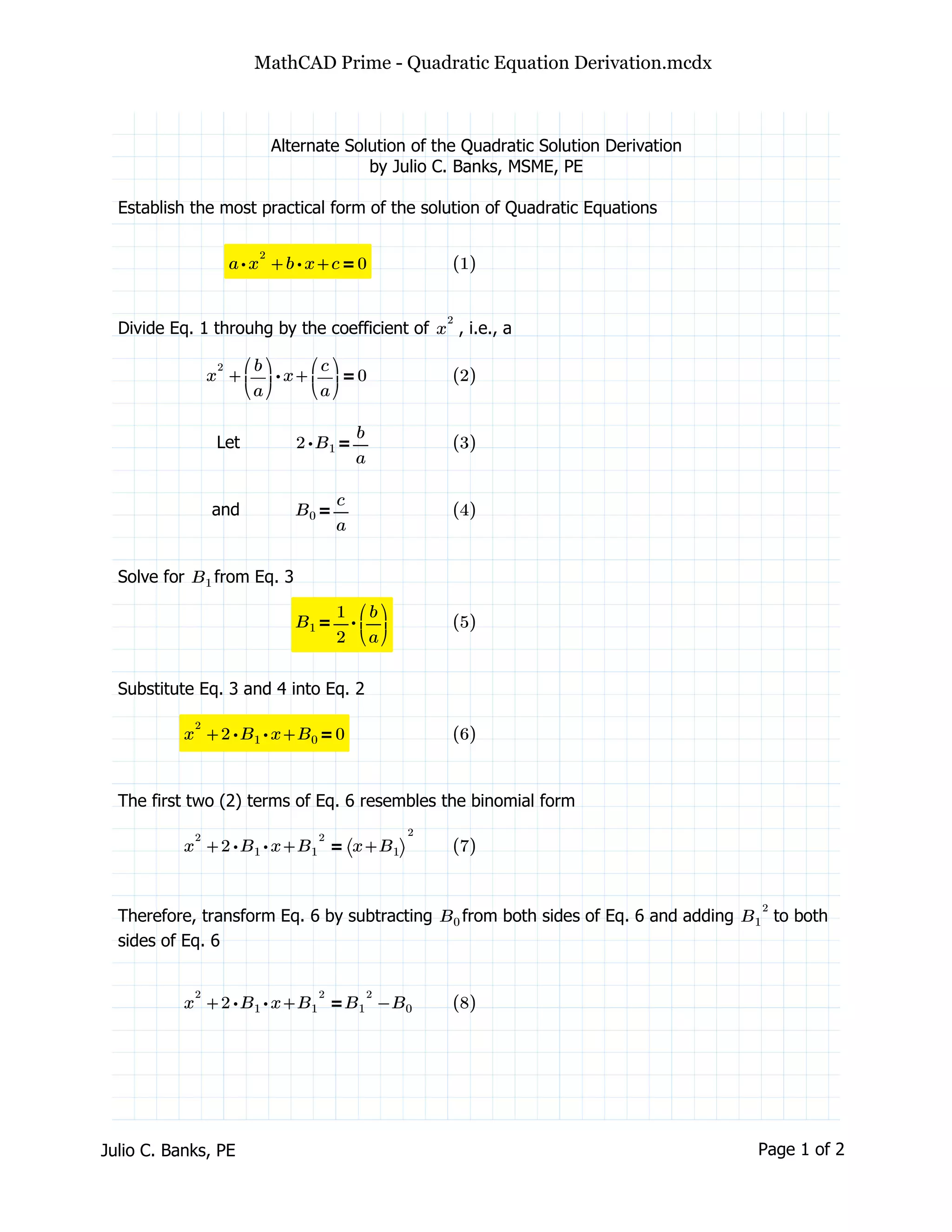 Math cad prime quadratic equation derivation PDF