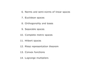 6. Norms and semi-norms of linear spaces
7. Euclidean spaces
8. Orthogonality and bases
9. Separable spaces
10. Complete m...