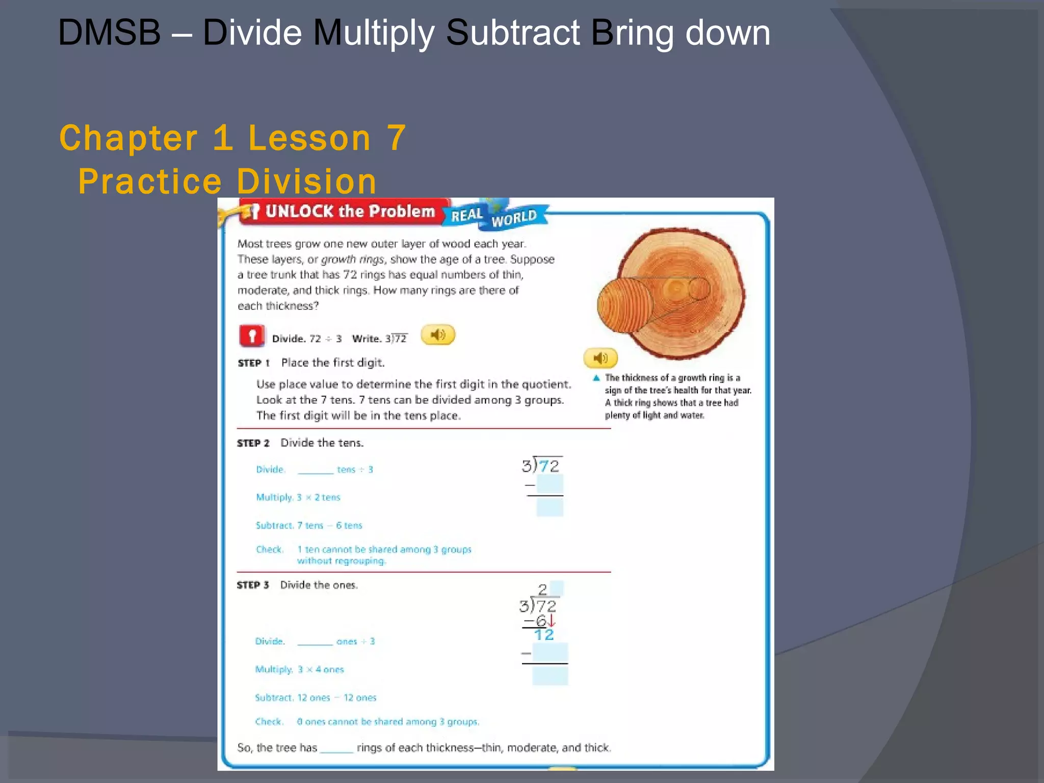 DMSB – Divide Multiply Subtract Bring down

Chapter 1 Lesson 7
 Practice Division
 