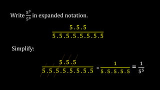 Write
53
58 in expanded notation.
5 . 5 . 5
5 . 5 . 5 . 5 . 5 . 5 . 5 . 5
Simplify:
5 . 5 . 5
5 . 5 . 5 . 5 . 5 . 5 . 5 . 5
=
1
5 . 5 . 5 . 5 . 5
=
1
55
 