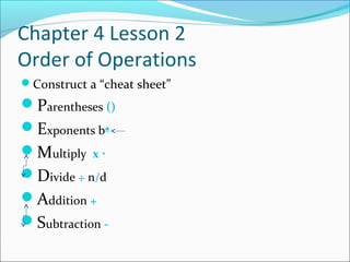 Chapter 4 Lesson 2
Order of Operations
Construct a “cheat sheet”
Parentheses ()
Exponents bª
Multiply x ·
Divide ÷ n/d
Addition +
Subtraction -
 