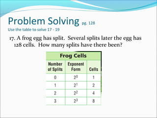 Problem Solving                  pg. 128
Use the table to solve 17 - 19

17. A frog egg has split. Several splits later the egg has
  128 cells. How many splits have there been?
 