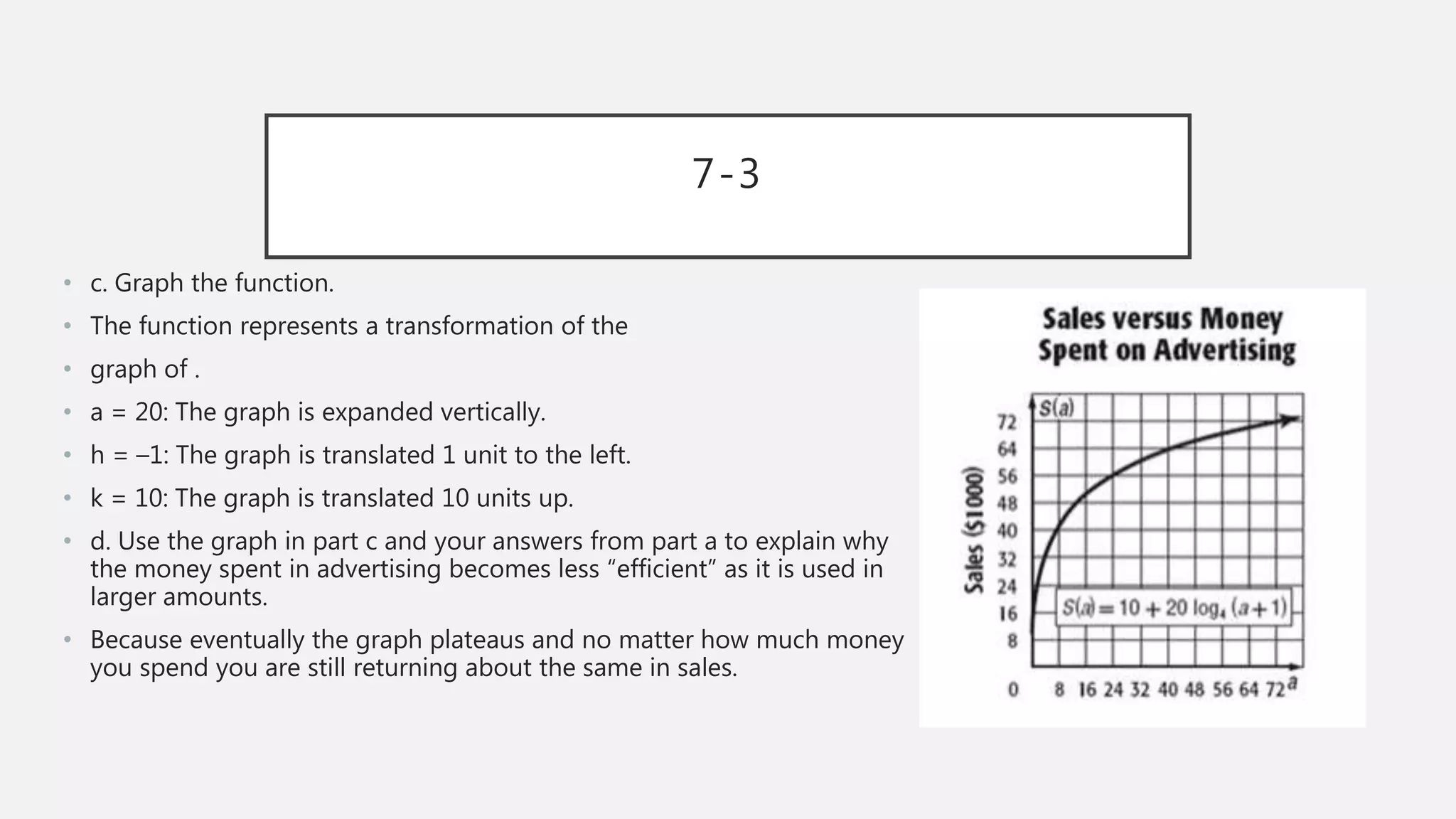 7-3
• c. Graph the function.
• The function represents a transformation of the
• graph of .
• a = 20: The graph is expanded vertically.
• h = –1: The graph is translated 1 unit to the left.
• k = 10: The graph is translated 10 units up.
• d. Use the graph in part c and your answers from part a to explain why
the money spent in advertising becomes less “efficient” as it is used in
larger amounts.
• Because eventually the graph plateaus and no matter how much money
you spend you are still returning about the same in sales.
 