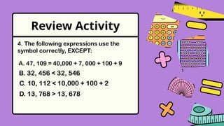 Review Activity
A. 47, 109 = 40,000 + 7, 000 + 100 + 9
B. 32, 456 < 32, 546
C. 10, 112 < 10,000 + 100 + 2
D. 13, 768 > 13, 678
4. The following expressions use the
symbol correctly, EXCEPT:
 