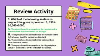 Review Activity
A. The symbol used is wrong since the number on the
left is smaller than the number on the right.
5. Which of the following sentences
support the given expression: 9, 999 >
90,000+9000.
B. The symbol used is correct since the number on the
left is bigger than the number on the right.
C. The symbol used is correct since both numbers
have the same values.
D. The symbol used is wrong since the biggest place
value of the number on the left is ten thousands.
 