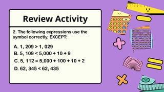 Review Activity
A. 1, 209 > 1, 029
B. 5, 109 < 5,000 + 10 + 9
C. 5, 112 = 5,000 + 100 + 10 + 2
D. 62, 345 < 62, 435
2. The following expressions use the
symbol correctly, EXCEPT:
 