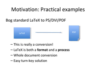 Motivation: Practical examples Bog standard LaTeX to PS/DVI/PDF This is really a conversion! LaTeX is both a  format  and a  process Whole document conversion Easy turn-key solution LaTeX PDF 