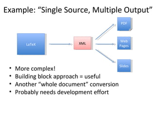 Example: “Single Source, Multiple Output”   <ul><li>More complex! </li></ul><ul><li>Building block approach = useful </li>...