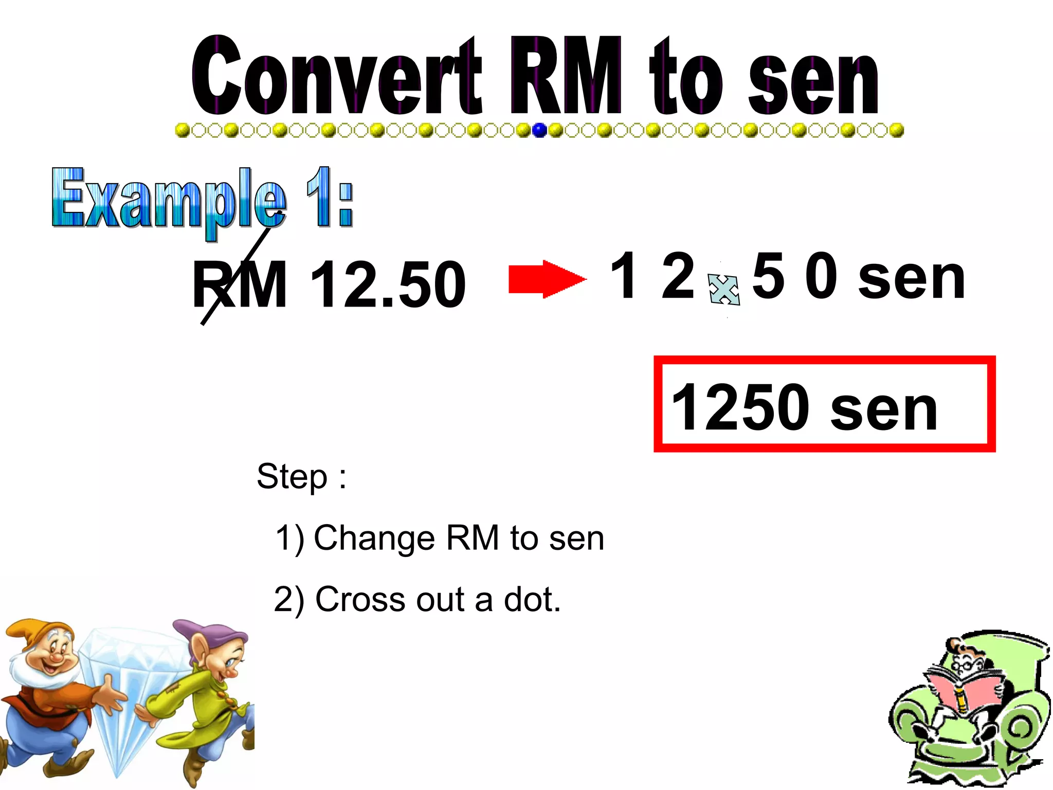 Step :
RM 12.50 1 2 . 5 0
1) Change RM to sen
2) Cross out a dot.
sen
1250 sen