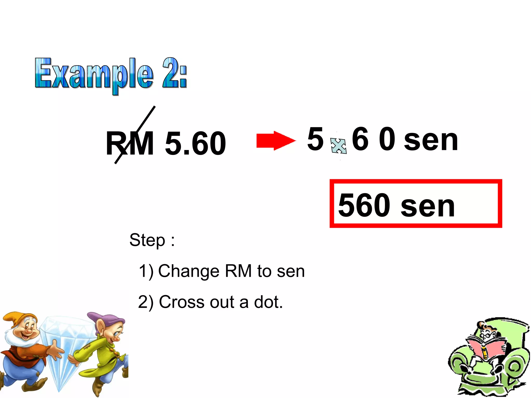 Step :
RM 5.60 5 . 6 0
1) Change RM to sen
2) Cross out a dot.
sen
560 sen