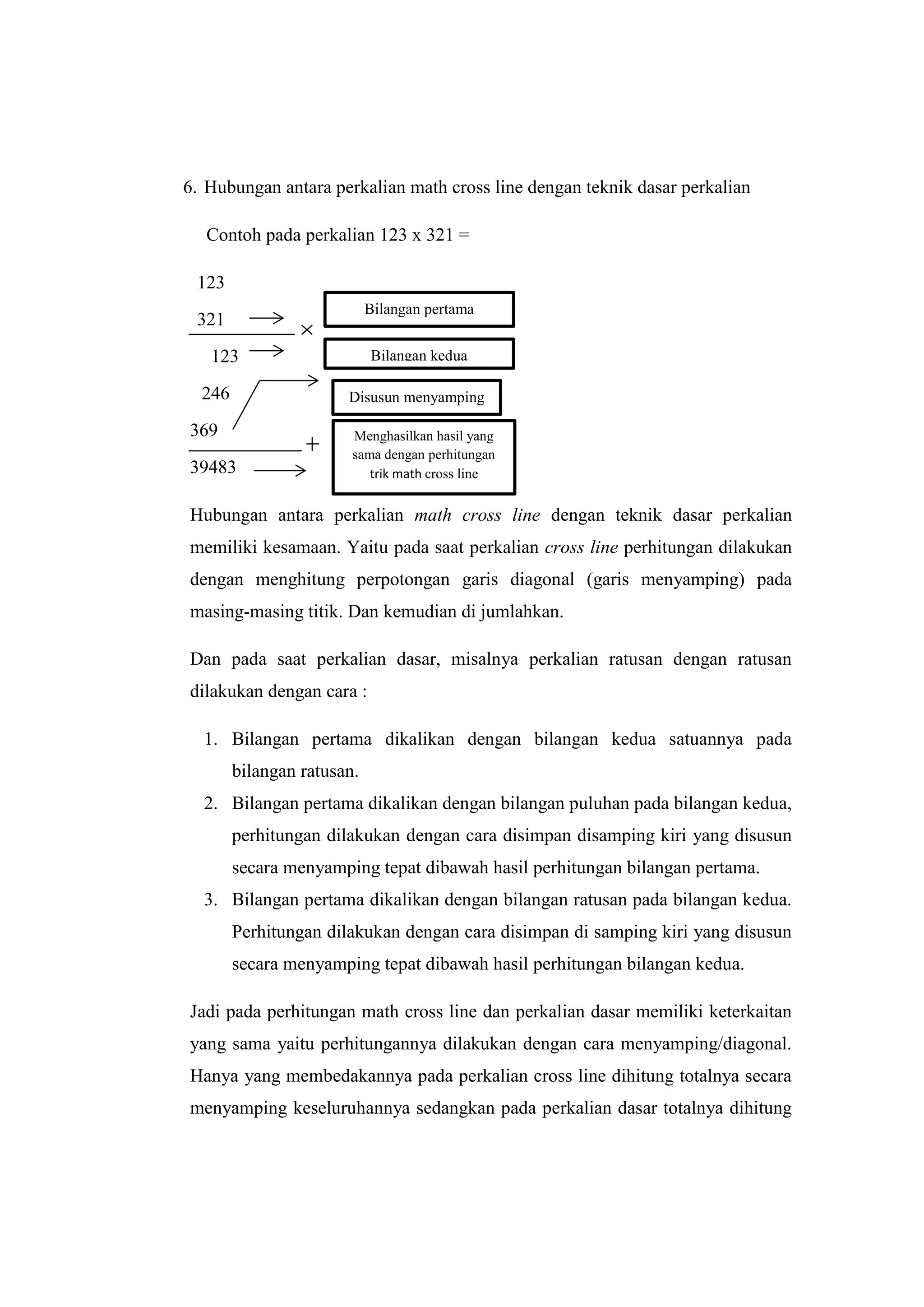 Math Cross Line
“Perkalian Menggunakan Garis dan Titik”
6. Hubungan antara perkalian math cross line dengan teknik dasar perkalian
Contoh pada perkalian 123 x 321 =
123
321
123
246
369
39483
Hubungan antara perkalian math cross line dengan teknik dasar perkalian
memiliki kesamaan. Yaitu pada saat perkalian cross line perhitungan dilakukan
dengan menghitung perpotongan garis diagonal (garis menyamping) pada
masing-masing titik. Dan kemudian di jumlahkan.
Dan pada saat perkalian dasar, misalnya perkalian ratusan dengan ratusan
dilakukan dengan cara :
1. Bilangan pertama dikalikan dengan bilangan kedua satuannya pada
bilangan ratusan.
2. Bilangan pertama dikalikan dengan bilangan puluhan pada bilangan kedua,
perhitungan dilakukan dengan cara disimpan disamping kiri yang disusun
secara menyamping tepat dibawah hasil perhitungan bilangan pertama.
3. Bilangan pertama dikalikan dengan bilangan ratusan pada bilangan kedua.
Perhitungan dilakukan dengan cara disimpan di samping kiri yang disusun
secara menyamping tepat dibawah hasil perhitungan bilangan kedua.
Jadi pada perhitungan math cross line dan perkalian dasar memiliki keterkaitan
yang sama yaitu perhitungannya dilakukan dengan cara menyamping/diagonal.
Hanya yang membedakannya pada perkalian cross line dihitung totalnya secara
menyamping keseluruhannya sedangkan pada perkalian dasar totalnya dihitung
Bilangan pertama
Bilangan kedua
Disusun menyamping
Menghasilkan hasil yang
sama dengan perhitungan
trik math cross line
 
