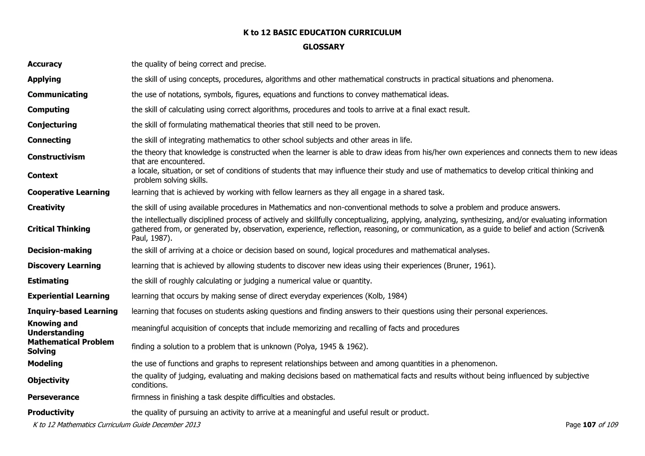 K to 12 BASIC EDUCATION CURRICULUM
K to 12 Mathematics Curriculum Guide December 2013 Page 107 of 109
GLOSSARY
Accuracy the quality of being correct and precise.
Applying the skill of using concepts, procedures, algorithms and other mathematical constructs in practical situations and phenomena.
Communicating the use of notations, symbols, figures, equations and functions to convey mathematical ideas.
Computing the skill of calculating using correct algorithms, procedures and tools to arrive at a final exact result.
Conjecturing the skill of formulating mathematical theories that still need to be proven.
Connecting the skill of integrating mathematics to other school subjects and other areas in life.
Constructivism
the theory that knowledge is constructed when the learner is able to draw ideas from his/her own experiences and connects them to new ideas
that are encountered.
Context
a locale, situation, or set of conditions of students that may influence their study and use of mathematics to develop critical thinking and
problem solving skills.
Cooperative Learning learning that is achieved by working with fellow learners as they all engage in a shared task.
Creativity the skill of using available procedures in Mathematics and non-conventional methods to solve a problem and produce answers.
Critical Thinking
the intellectually disciplined process of actively and skillfully conceptualizing, applying, analyzing, synthesizing, and/or evaluating information
gathered from, or generated by, observation, experience, reflection, reasoning, or communication, as a guide to belief and action (Scriven&
Paul, 1987).
Decision-making the skill of arriving at a choice or decision based on sound, logical procedures and mathematical analyses.
Discovery Learning learning that is achieved by allowing students to discover new ideas using their experiences (Bruner, 1961).
Estimating the skill of roughly calculating or judging a numerical value or quantity.
Experiential Learning learning that occurs by making sense of direct everyday experiences (Kolb, 1984)
Inquiry-based Learning learning that focuses on students asking questions and finding answers to their questions using their personal experiences.
Knowing and
Understanding
meaningful acquisition of concepts that include memorizing and recalling of facts and procedures
Mathematical Problem
Solving
finding a solution to a problem that is unknown (Polya, 1945 & 1962).
Modeling the use of functions and graphs to represent relationships between and among quantities in a phenomenon.
Objectivity
the quality of judging, evaluating and making decisions based on mathematical facts and results without being influenced by subjective
conditions.
Perseverance firmness in finishing a task despite difficulties and obstacles.
Productivity the quality of pursuing an activity to arrive at a meaningful and useful result or product.
 