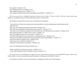 27
“Oo, paglilito.” (Student 14, B)
“Opo, magagamit ko po ito.” (Student 13, B)
“Opo, kapag po bumili sa Mall.” (Student 17, A)
“Opo, kapag po nahihirapan ka pwede mong magamit ang Mathdali.” (Student 20, A)
Q6. Do you want to have a Mathdali Program for the next year for Grade 5? Why do you like it? Why not? (Gusto mo pa bang
magkaroon ng Mathdali Program sa ikalimang baitang? Bakit oo? Bakit hindi?)
The students were asked if they want to have a continuation of this program:
“Opo, gusto ko po. Para po mas marami pa po kaming matutunan at marami pang kaalaman ang malalaman namin.”
(Student 19, B)
“Opo, para may matutunan pa kaming di namin alam.” (Student 1, B)
“Opo, dahil mas mapapadali ang aming pag-aaral sa tulong nito.” (Student 13, A)
“Para kami ay may matutuhan sa pagma-math namin; kaya may math dahil para tayo ay maturuan.” (Student 16, B)
“Opo, upang ang grade 6 ay madali na para sa amin.” (Student 1, A)
“Opo. Para madami kaming activities na gawain.” (Student 8, A)
“Oo, dahil natutulungan ako nito sa pang-unawa sa asignaturang math”. (Student 14, A)
“Opo, gusto ko po dahil ang Mathdali ay masayang panoorin at maraming kaalaman.” (Student 5, A)
“Gusto ko po dahil mas madali po iyon.” (Student 18, B)
“Opo para po ako ay malibang.” (Student 10, A)
“Opo gusto ko dahil masaya itong gamitin.” (Student 5, B)
Some, very interesting answers from the students were:
“Hindi po dahil baka po lumabo ang mata ko.” (Student 21, A)
“Ayaw, dahil hindi pa ako handa sa Mathdali Program.” (Student 7, A)
Q7. Do you have any recommendation or suggestion to show appreciation for the success of our Mathdali Program? (Mayroon ka
bang mungkahi o suhestiyon upang lalong maging maganda at matagumpay ang Mathdali Program?)
The students were asked to cite any recommendation or suggestions for the success of this program:
 