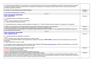 1. Se desarrolla el juego “Meridiano” el cual consiste en que la docente da alguna instrucción para que los estudiantes se organicen (mes de nacimiento, primera letra
del nombre) sin hablar. Relacionar esta experiencia con el lenguaje de las matemáticas, cómo puede ser difícil de entender, pero con ayuda de otros (docentes y
compañeros) lograremos aprenderlo.
2. Aplicación de prueba diagnóstica según Editorial Santillana Principio 2
3. Se realiza la retroalimentación de la prueba.
Principio 1
2da hora
ETAPA: EXPLORED MY KNOWLEDGE
TEMA: DIAGNÓSTICO
A. Se solicita escribir a los estudiantes en el cuaderno:
*Fecha:
*Objetivo: Revisar el diagnóstico realizado anteriormente
B. Seguir el desarrollo de la clase, en donde:
1. Los estudiantes realizan en parejas la actividad realizada en las páginas 10 y 11 del libro mientras la docente indaga sobre su experiencia en la asignatura.
Principio 3
2. Realizar la retroalimentación de la actividad diagnóstico preguntando a determinados estudiantes lo que respondieron.
3. Solicitar a los estudiantes escribir las palabras que son desconocidas y buscarlas en el Glosario del libro.
Principio 1
4. Como actividad de refuerzo en casa asignar a los estudiantes subrayar las ideas principales de la página 17 y 18 y recomendar acudir al Glosario en caso de no
conocer alguna palabra de la lectura.
Principio 2
3ra hora
ETAPA: EXPLORED MY KNOWLEDGE
TEMA: NÚMEROS REALES
A. Se solicita escribir a los estudiantes en el cuaderno:
*Fecha:
*Objetivo: Recordar y aclarar algunas ideas previas sobre los números reales
B. Se indica a los estudiantes realizar en una hoja horizontal del cuaderno la marcación de FIRST TERM con la fecha de inicio y final del periodo junto con las tres
afirmaciones.
C. Seguir el desarrollo de la clase, en donde:
1. Se proyectará el video La magia de los números de Fibonacci-Arthur Benjamin-TedTalks https://acortar.link/bmjyrI y preguntar a los estudiantes por lo que más les
llamó la atención y cómo se puede relacionar con lo leído en la casa.
Principio 3
2. Solicitar a los estudiantes responder estas preguntas en parejas:
Interpretar: ¿Qué son los números reales?
Argumentar: ¿Por qué √2 es un número irracional?
Proponer: Escribe al menos tres números irracionales y explica por qué lo son.
Principio 1
4. Realizar la retroalimentación con el material de la plataforma e-stela (diagrama y juego)
Como actividad de refuerzo en casa solicitar a los estudiantes investigar sobre el número de oro y su presencia en la naturaleza con ayuda de la plataforma y otras
fuentes. Además, observar el video sobre la dispersión de la luz, anotar las palabras clave y las desconocidas, buscarlas en el Glosario y sintetizar sobre la relación de
esta información con los números reales; solicitar la regla y el compás para la próxima clase.
Principio 2
 