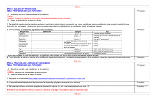 1ra hora
ETAPA: BUILDING MY KNOWLEDGE
TEMA: PROPIEDADES DE LAS FUNCIONES
A. Se solicita escribir a los estudiantes en el cuaderno:
*Fecha:
*Objetivo: Organizar y estudiar la información sobre las propiedades de las funciones
B. Seguir el desarrollo de la clase, en donde:
1. Se repartirán papeles con las palabras exclusivo, crecimiento, decrecimiento, constante, par, impar, periódica a algunos estudiantes y se les pedirá explicar lo que
entienden por esa palabra y que escoja a otro compañero para decir una situación de la cotidianidad donde se vea esa palabras
Principio 3
2. En el cuaderno, se realizará el siguiente cuadro conceptual
Propiedad Definición Ejemplo Tip
Inyectiva 𝑔(𝑥) = 𝑥 Criterio de la recta horizontal:
Sobreyectiva 𝑓(𝑥) = 𝑥2 Diagrama de la función h del ejemplo 3 en la
página 38
Biyectiva ℎ(𝑥) = 𝑥3
¿por qué 𝑥3
es biyectiva?
Creciente La presión hidrostática en función de la
profundidad
Gráfica
Decreciente La presión atmosférica en función de la altura Gráfica
Constante El costo de Transmilenio en función de la
altura del pasajero
Gráfica
Par 𝑓(𝑥) = 𝑥4 Suma y resta de funciones pares
Impar 𝑠(𝑥) = 𝑥5 Suma y resta de funciones pares
Periódica Las fases de la luna en función del tiempo Periodo de la función
La idea es completar la parte de definición y tip (gráfica o dato curioso) con ayuda de lo que los estudiantes leyeron en casa.
Principio 1
4. Como actividad de refuerzo solicitar a los estudiantes desarrollar la actividad ¿qué estamos aprendiendo? de la plataforma y traer las preguntas o dudas que surjan. Principio 2
2da hora
ETAPA: PRACTICE AND LEARNING MY KNOWLEDGE
TEMA: PROPIEDADES DE LAS FUNCIONES
A. Se solicita escribir a los estudiantes en el cuaderno:
*Fecha:
*Objetivo: Identificar las propiedades de las funciones
B. Seguir el desarrollo de la clase, en donde:
1. Se jugará un concéntrese https://www.juegosdememoriagratis.com/adultos/02-medianos/m-cactus.html
Principio 3
2. El docente realiza la explicación de la actividad a desarrollar y hace un recorderis corto del tema. Principio 1
3. Se organizará el salón en grupos de tres y se resolverá la página 41 y 42. Esta será asignada como nota 1.2
Solicitar a los estudiantes traer un octavo de cartulina, una regla y marcadores para la siguiente clase.
Principio 2
3ra hora
 