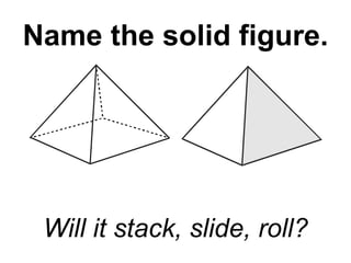 Name the solid figure. Will it stack, slide, roll? 