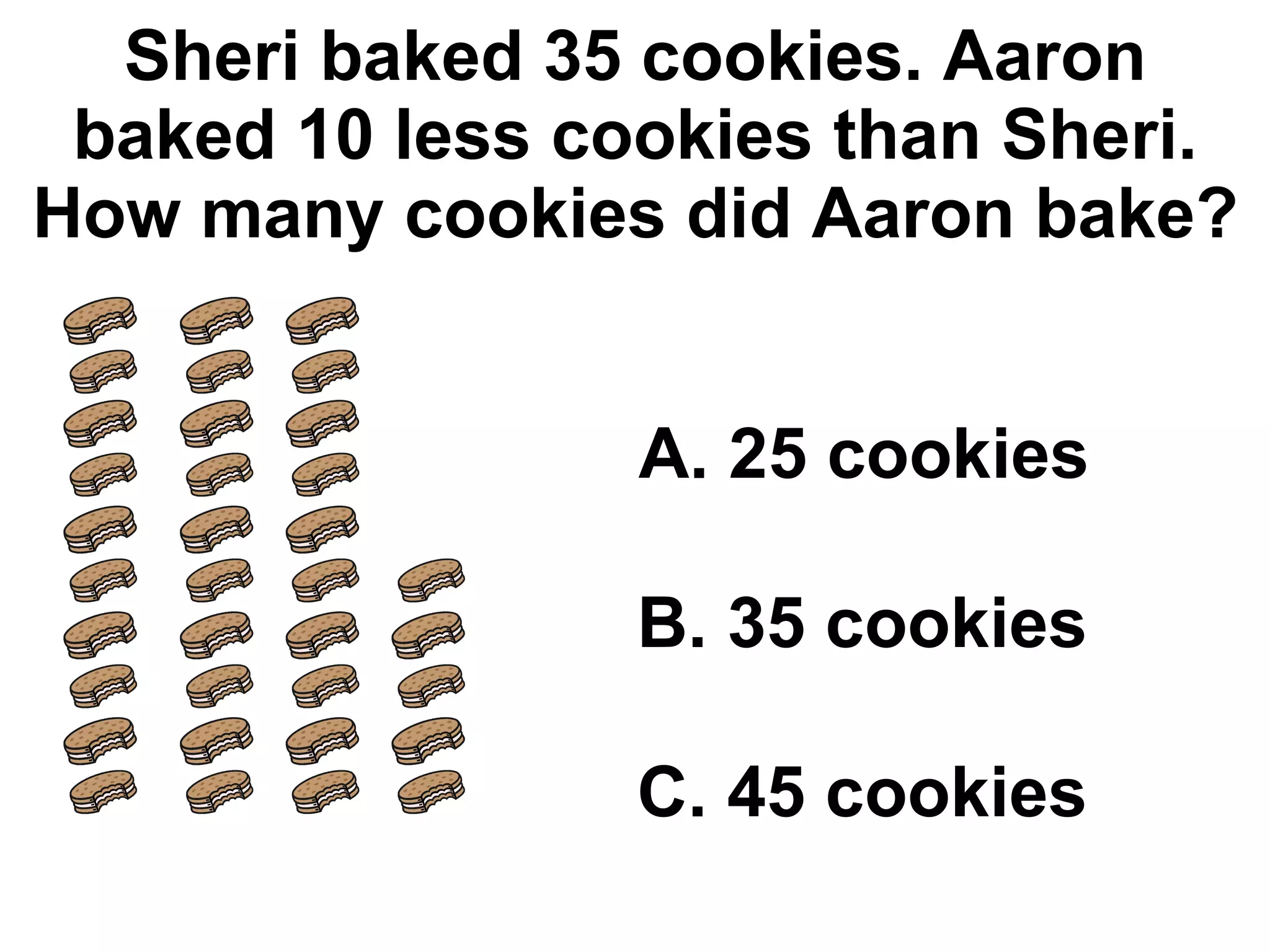 Sheri baked 35 cookies. Aaron baked 10 less cookies than Sheri. How many cookies did Aaron bake? A. 25 cookies B. 35 cookies C. 45 cookies 