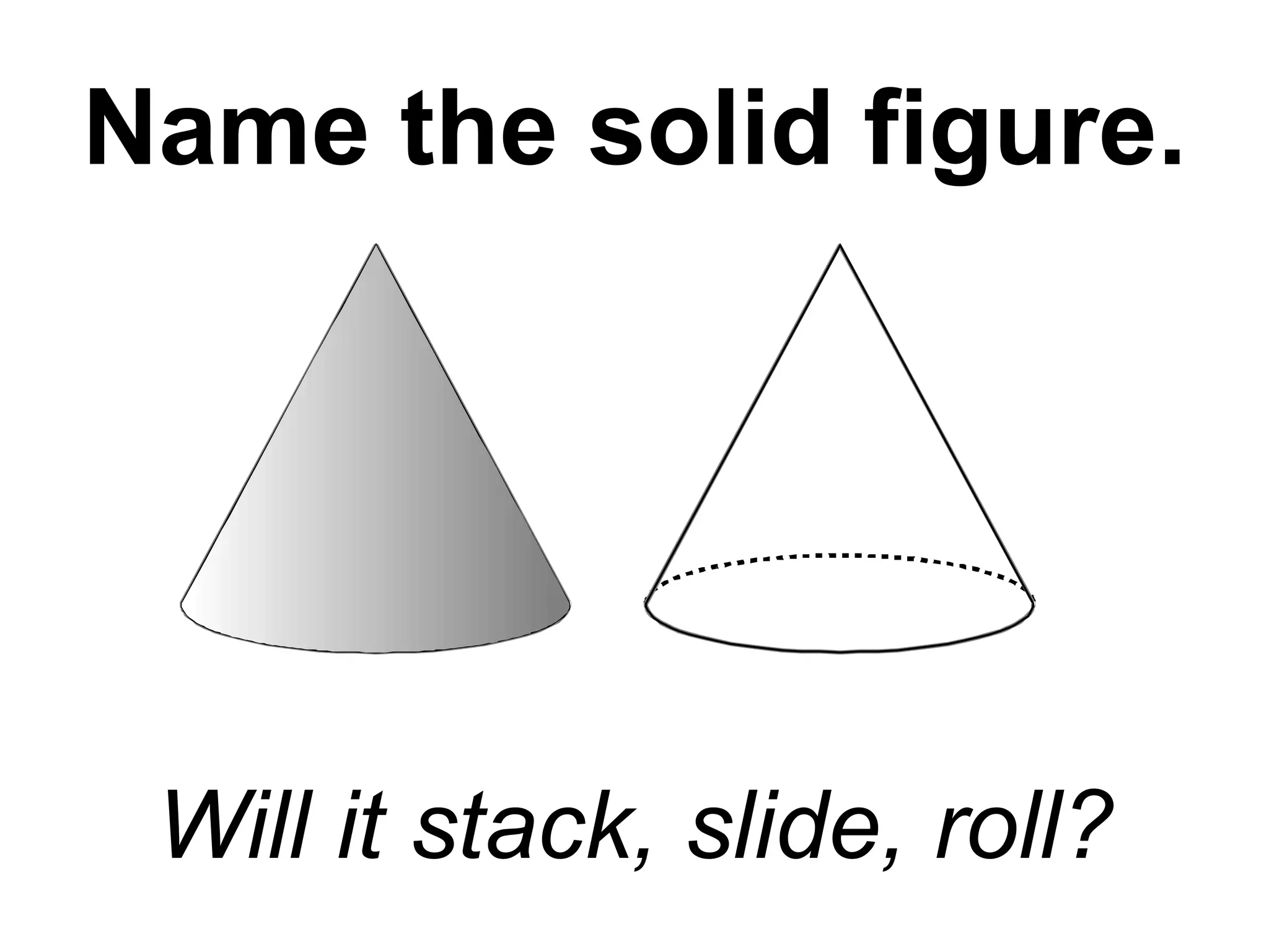 Name the solid figure. Will it stack, slide, roll? 
