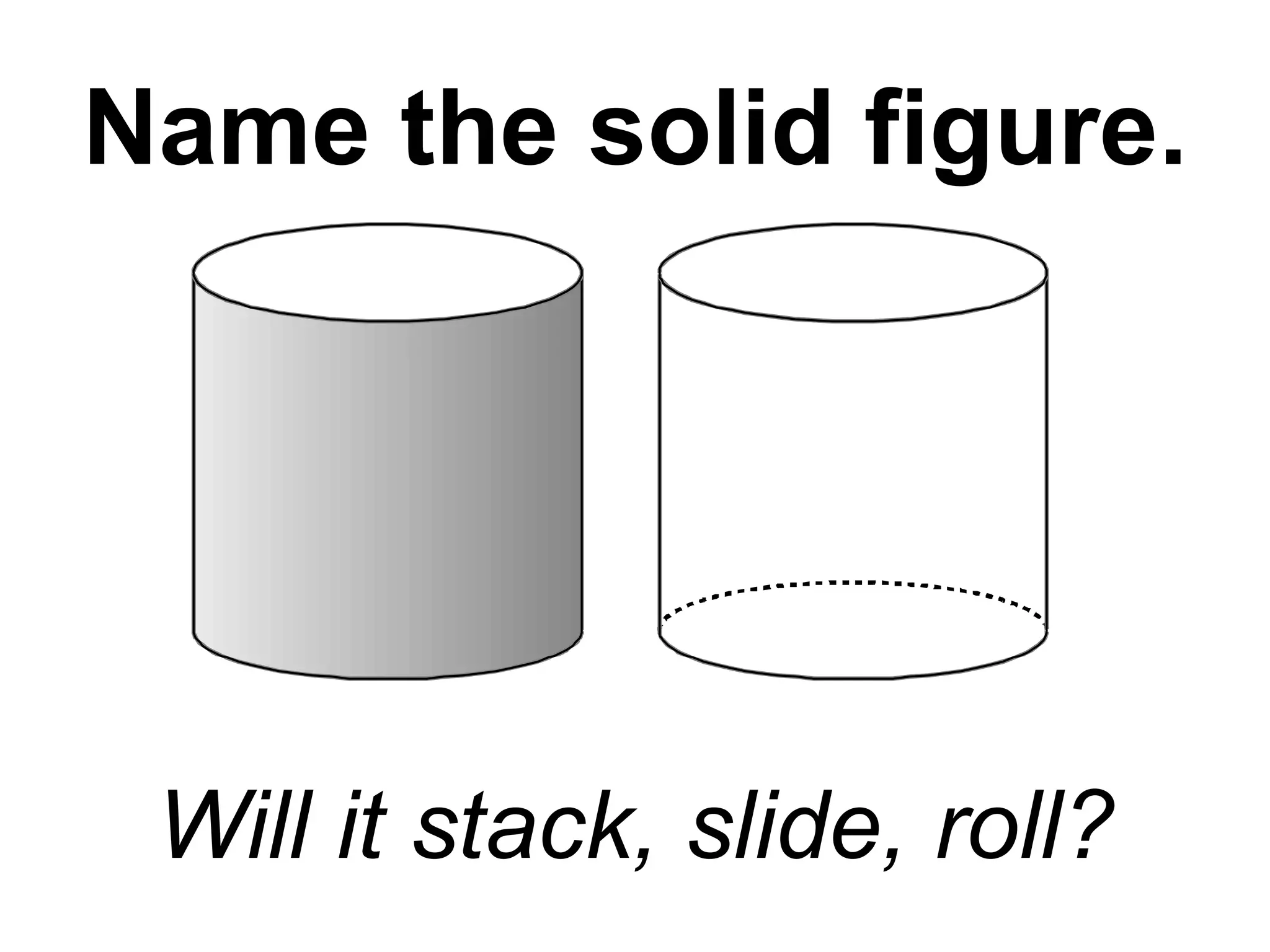 Name the solid figure. Will it stack, slide, roll? 